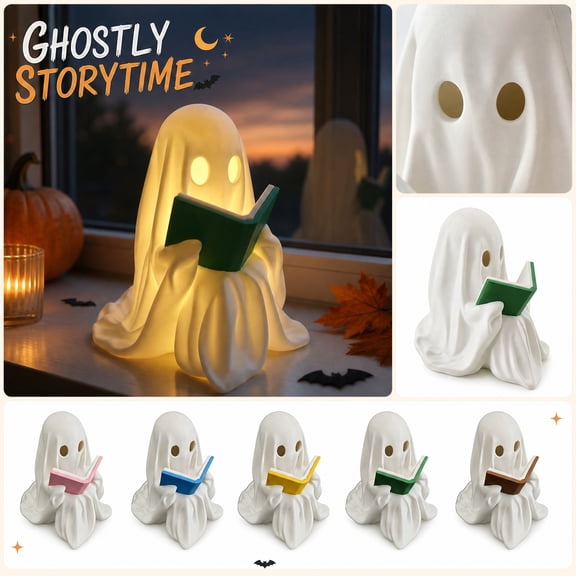 Halloween Reading Ghost LED Night Light, Soft Glow Ghost Table Lamp, Cute Mild Spooky Halloween Bedside Decor Lamp, Cottagecore Fall Harvest Mini Ambient Light & Holiday Gift