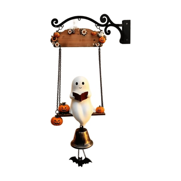 Halloween Reading Ghost Swing Wall Hanging Bell Decor, 16.9" Pumpkin Daisy Halloween Front Door Sign, Farmhouse Fall Harvest Porch Welcome Wind Chime Ornament