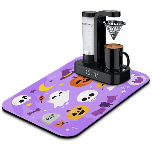 Halloween Ready Diatom Ooze Dish Drying Mat Skull, Pumpkin, Bat, Ghost Absorbent 19.5x12in Mat A Fun and Practical Addition Kitchen Counter