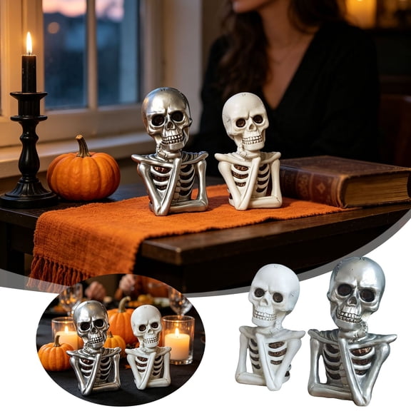 Halloween Realistic Bone Texture Skeleton Bust Set Of 2 Silver White Resin Skull Figurine Gothic Mantel Bookshelf Table Ornament