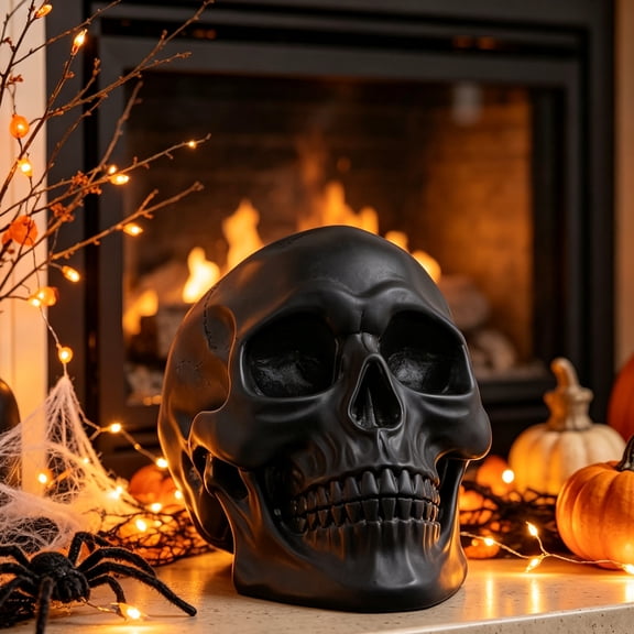 Halloween Realistic Resin Skull Decor Life Sized Black Skull Spooky Gothic Tabletop Decor for Ghost House Party Mantel Displa