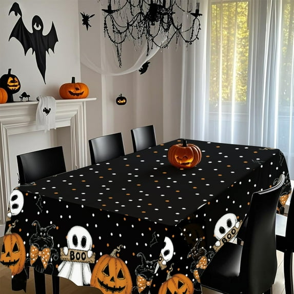 Halloween Rectangle Tablecloth with Ghost, Pumpkin, Bat Pattern, Black, 60x86 Inch, Indoor Party Table Decoration