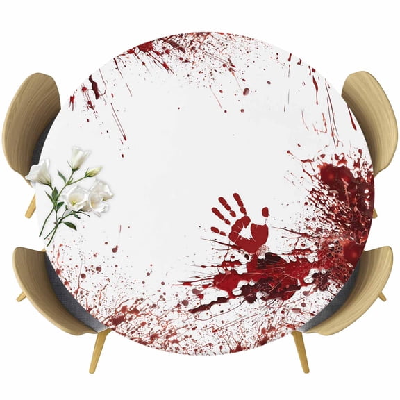 Halloween Red Blood Round Tablecloth, Fitted Table Cover with Elastic for 36"-44" Round Tables, Horror Bloody Handprint Table Cloth Outdoor Indoor Dinning Party Waterproof Tablecloths