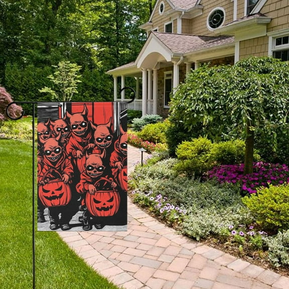 Halloween Red Devil and Pumpkin Garden Flag 12x18 inch Double Sided Outside Yard Decorations for Home Outdoor