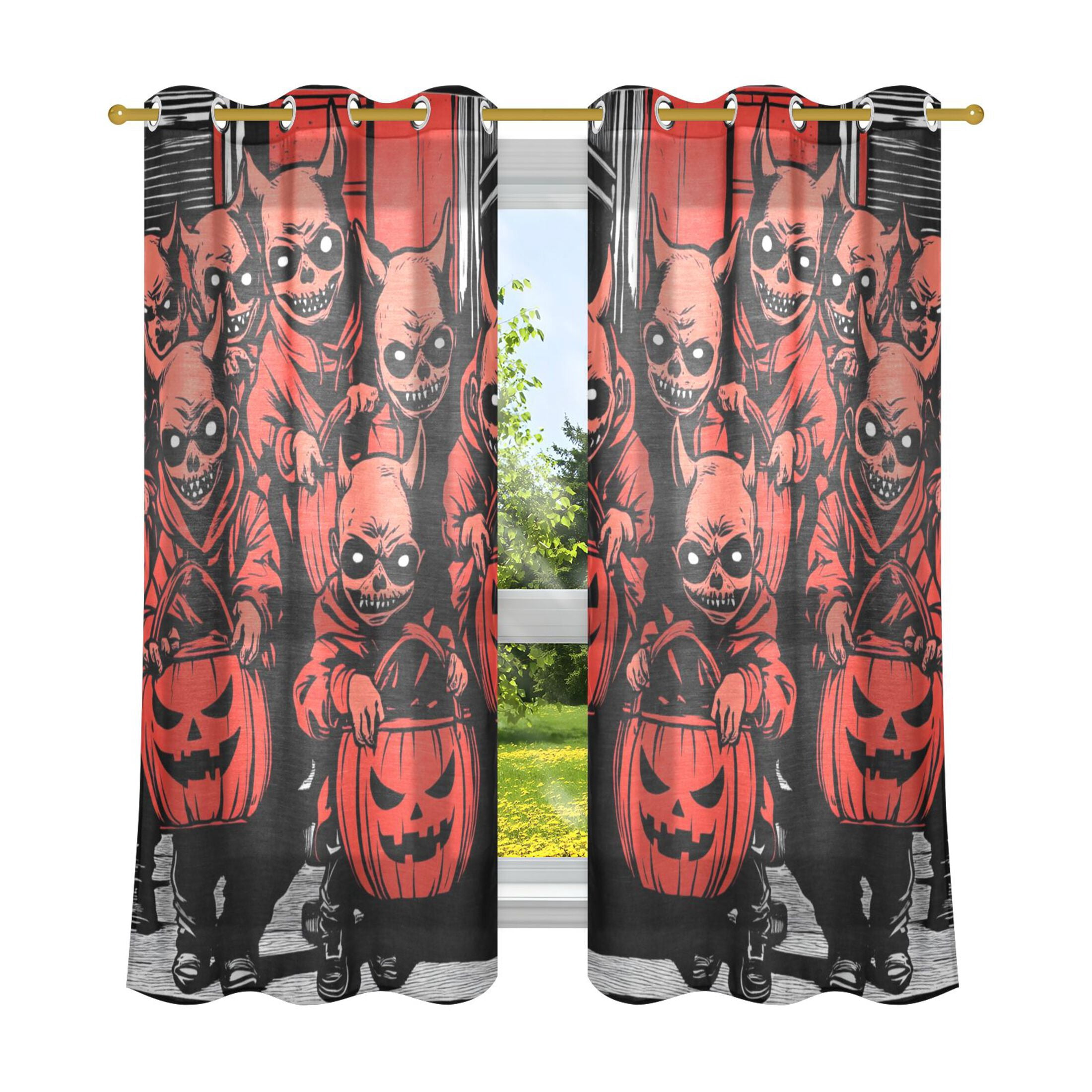 Window Red Devil Halloween Red Devil and Pumpkin Semi Sheer Curtains for Living Room ...