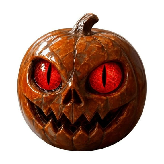 Halloween Red-Eyed Pumpkin Statue – Resin Carved Jack-O’-Lantern Ornament with Glowing Eyes, Realistic Indoor & Outdoor Halloween Decoration Prop
