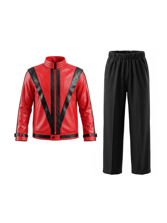 Boys Retro Red Black Leather Biker Jacket Suit, Classic Pop Star Stage Dancer Costume for Theme Party Events, 2Piece