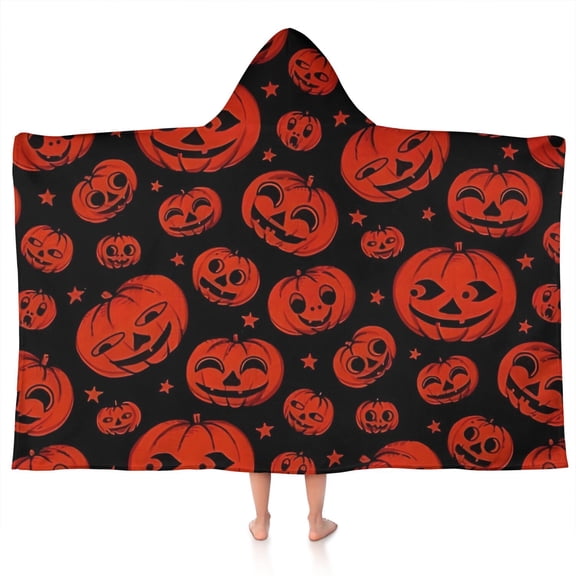Halloween Red Pumpkins Pattern Hooded Bath Towel，50"x30" for Ages 3 To 12 Kids, Quick Dry Lightweight Soft Microfiber Hood Beach Towel Cover Up for Kids