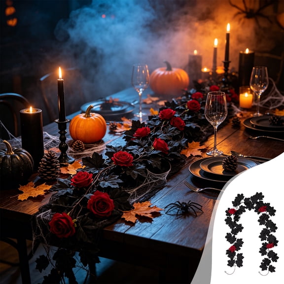 Halloween Red Rose Artificial Maple Leaf Rattan Vine, Fake Floral Garland for Feature Wall Arch Decoration, Spooky Party Table Runner Accent for Home Dining Room Halloween Holiday Decor