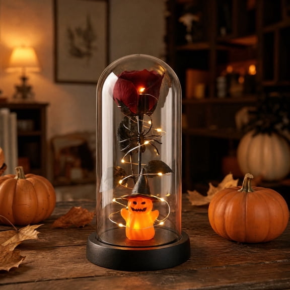 Halloween Red Rose Glass Dome LED Lamp, Spooky Fairy String Light Ornament with Pumpkin Ghost, Battery Powered Tabletop Night Light for Mantel Bedroom Halloween Party Home Styling