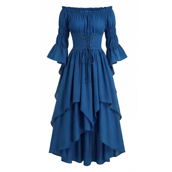 Halloween Renaissance Dress Gothic Medieval Corset Gown Off Shoulder High Low Dress,Flared Sleeves Lace Up Waist Layered Ruffle Hem Solid Color,For Ren Faire Masquerade Theme Party Cosplay