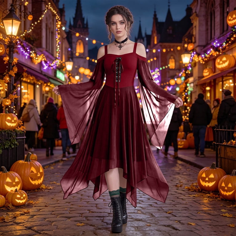 renaissance christmas dress Iaqnaocc Dresses for Women Gothic Medieval Off Shoulder Lace Up Corset Retro Themed Parties Butterfly Sleeve Halloween Plus Size Wedding Dresses