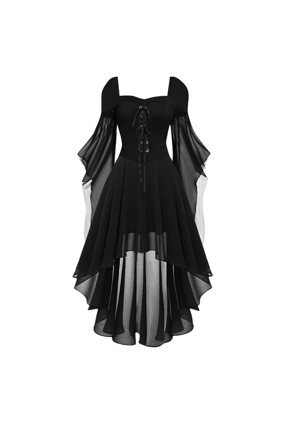 Halloween Renaissance Gothic Court Dress Costumes Featuring Cold Shoulder Neckline, Flutter Sleeves, Irregular Hem, and Solid Color Lace Up Steampunk