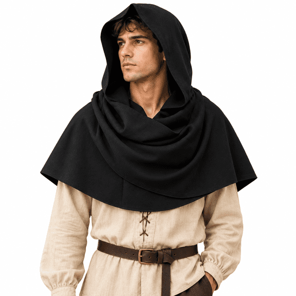 Renaissance Hooded Cowl, Medieval Traveler Costume Short Hooded Scarf for Halloween Cosplay and Ren Faire, Black