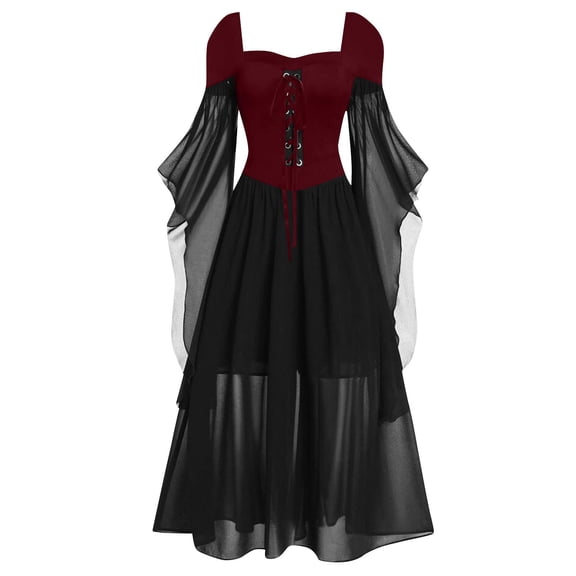 Halloween Renaissance Lace Punk Dress for Women Vampire Butterfly Sleeve Mesh Gothic Party Steampunk Outfit