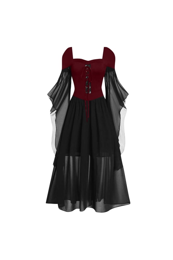 Halloween Renaissance Lace Punk Dress for Women Costumes Medieval Vampire Butterfly Sleeve Mesh Gothic Party Steampunk Outfit