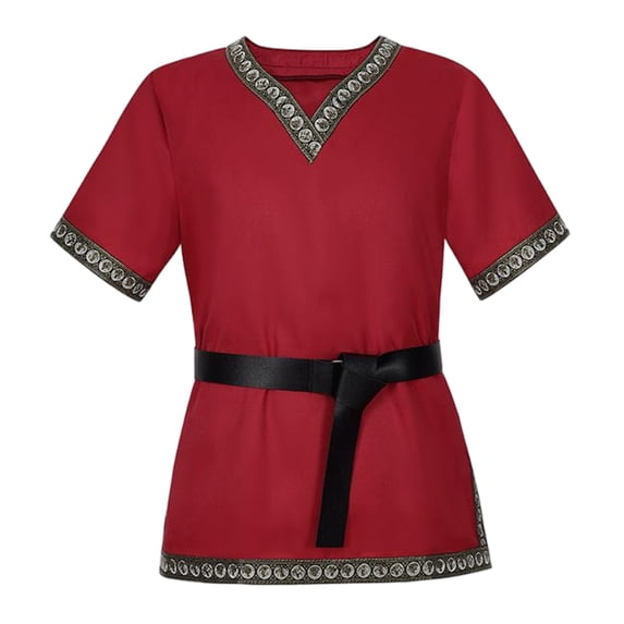 Halloween Renaissance Top, V Neck Medieval Viking Short Sleeve Tunic, Printed Trim Warrior Peasant Cosplay Top With Belt, Multi Earth Tone Larp Halloween Costume Shirt, Red XL