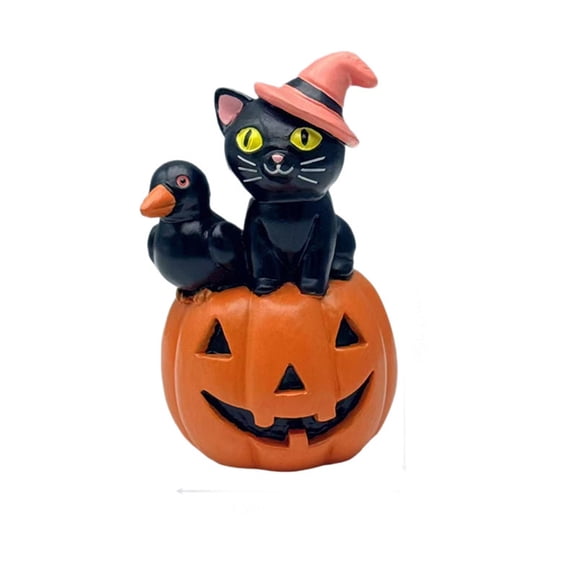 Halloween Resin Figurine Cute Witch Cat with Crow on Jack-O-Lantern Pumpkin Statue, Spooky Tabletop Decor for Home Mantel Shelf Desk, Miniature Witchy Home Accent Gift