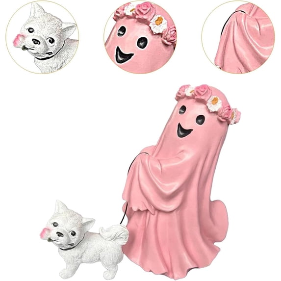 Halloween Resin Figurine Decorations, Ghost Walking Dog Cute Whimsical Desktop Statue for Halloween Party Decoration Entryway Table Decor Pink
