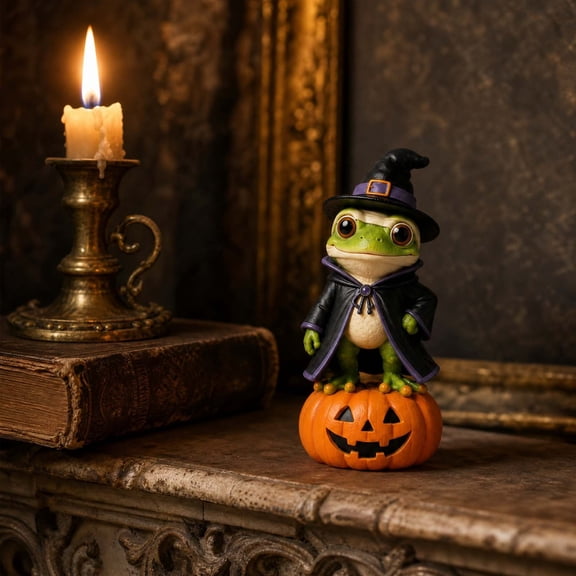 Halloween Resin Figurine, Pumpkin Frog Statue Mini Tabletop Ornament, Spooky Cute Gothic Decor For Party Home Shelf Display, 5x1 2x1 Inches