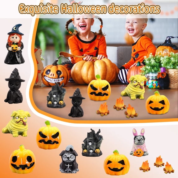 Halloween Resin Figurine Set DIY Craft Supplies Mini Pumpkin Witch Cat Sculpture for Micro Landscape Snow Globe Desk Display Festive Holiday Ornaments
