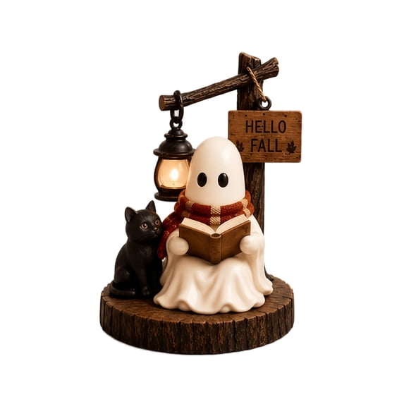 Halloween Resin Ghost Figurine Night Light with Vintage Lantern and Black Cat, Cozy Halloween Home Decor for Living Room Shelf and Porch, Festive Halloween Party Decoration Gift
