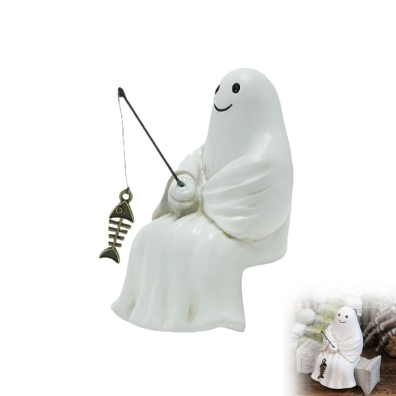 Halloween Resin Ghost Fishing Ornament, Spooky Ghost Figurine with Fishing Rod, Cute Desk Tabletop Decor for Home Office Shelf, Haunted House Party Gift