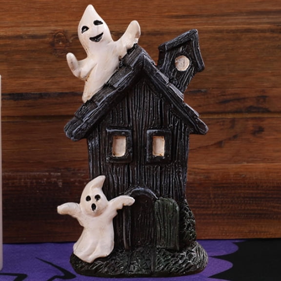 Halloween Resin Ghost Mansion Statue, Creepy Mini House Figurine, Spooky Tabletop Decor For Party & Haunted House Theme Desktop Ornament