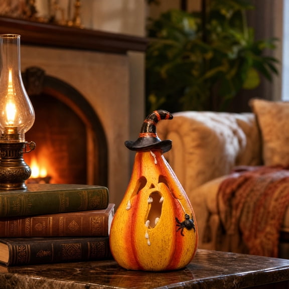 Halloween Resin Ghost Pumpkin Figurine, Spooky Resin Ghost Pumpkin Decor, Halloween Tabletop Decoration for Home and Party