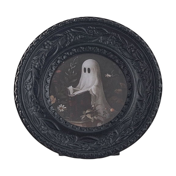 Halloween Resin Ghost Reading Picture Frame Round Tabletop Frame with Raised Vine Pattern for Home Seasonal Display