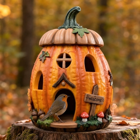 Halloween Resin Pumpkin Birdhouse Figurine,Halloween Garden Yard Decor,Outdoor Tree Ornament,Spooky Holiday Landscape Accent Orange 6" x 8"