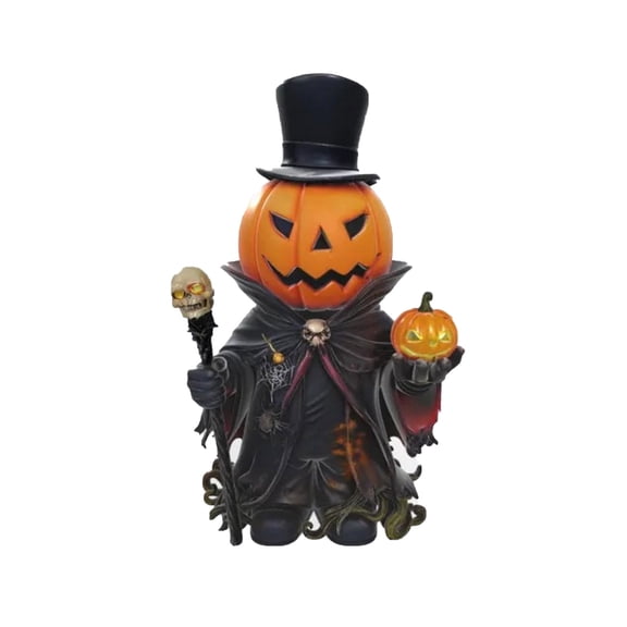 Halloween Resin Pumpkin Head Figurine, Desktop Art Ornament with Cloak & Hat, Decorative 10cm Tabletop Sculpture for Holiday Display