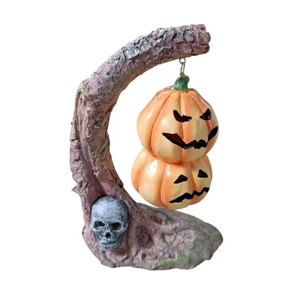 Halloween Resin Pumpkin Statue Light Up Stacked Jack-O'-Lantern With Skull Tree Stand