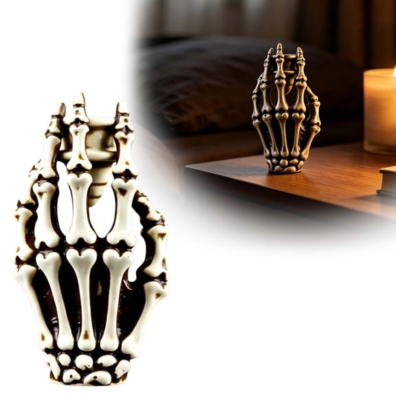 Halloween Resin Skeleton Hand Candle Holder, Vintage Bone Style Gothic Tealight Candlestick, Spooky Decorative Tabletop Ornament for Home Bedroom, Bar Counter and Halloween Theme Party Decoration