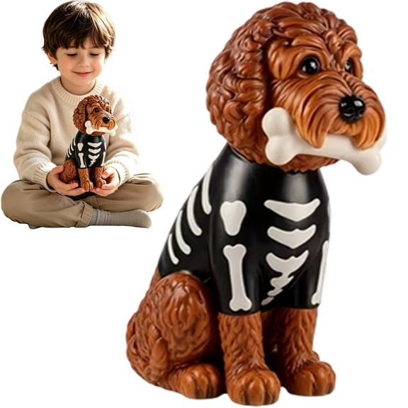 Halloween Resin Skeleton Outfit Dog Figurine, Puppy Statue Animal Sculpture, 7.87" H, Freestanding Tabletop Shelf Ornament for Indoor Outdoor Home Garden Desktop Halloween Decor For Dog Lovers