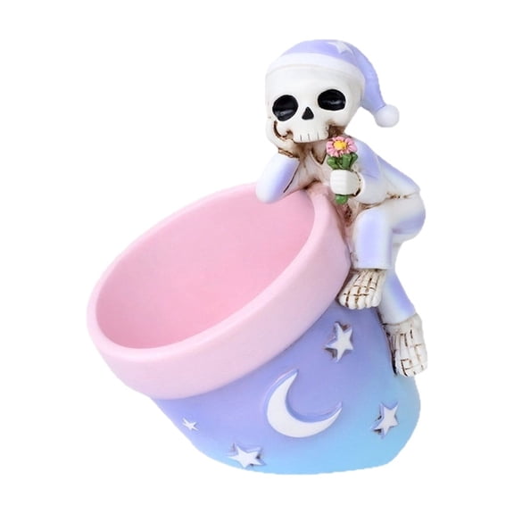 Halloween Resin Skeleton Planter Pot Cute Sleepy Skull Flower Container for Cactus Succulent Moon Star Gradient Vessel Indoor Desktop Shelf Gothic Tabletop Decor Ornament Gift 3.5x4.1Inch