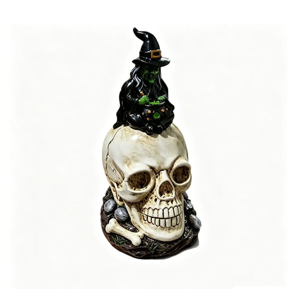 Halloween Resin Skull Statue with Witch Cauldron Figure, Hand Painted Spooky Tabletop Ornament, Resin Figurine USB Color-Changing LED Light for Yard Bar Spooky Party Indoor Display