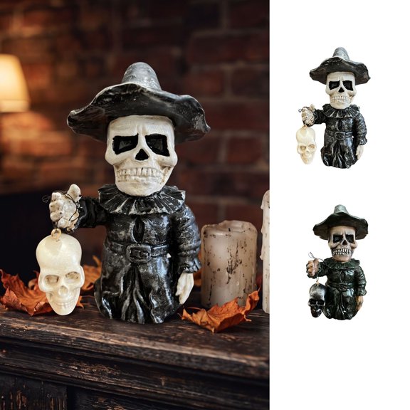 Halloween Resin Statue,Halloween Hat Skull Ghost Detailed Hand Carved Solid Craft,Compact Stable Base Tabletop Mantel Decor For Indoor Gothic Holiday Scene Styling