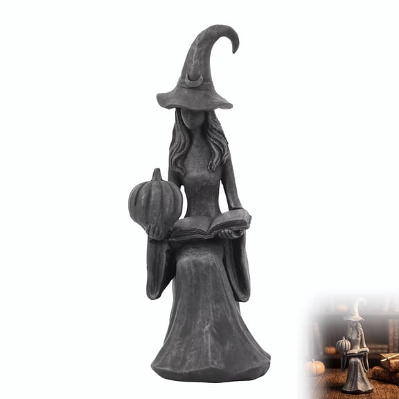Halloween Resin Witch Statue - Distressed Black Witch with Book & Pumpkin, 10.5" Gothic Witch Holding Pumpkin & Book, Vintage Black Home Decor for Shelf Mantel Party Decoration