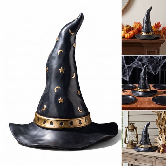 Halloween Resin Wizard Hat Figurine with Gold Star, Vintage Witch Hat Tabletop Statue, Gothic Spooky Decor for Mantel & Shelf