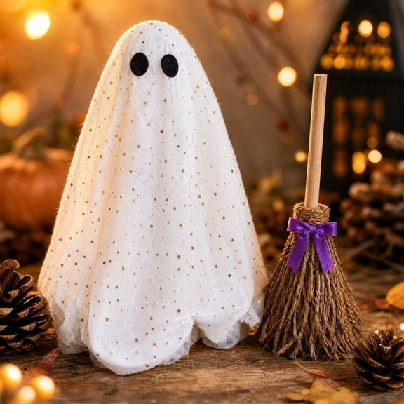 Halloween Retail Window Decorations, 2-Piece Set with 19" Ghost Figure and Separate Witch Broom for Storefront and Seasonal Display