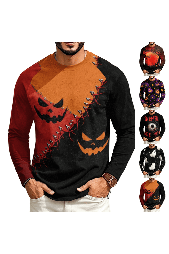 Halloween Retro Dark Wizard Street Pumpkin Print Lightweight Faux Cotton Long Sleeve Shirts Crew Neck Relax Fit Outdoor Holiday Mens Daily Long Sleeve T Shirts Saffron S