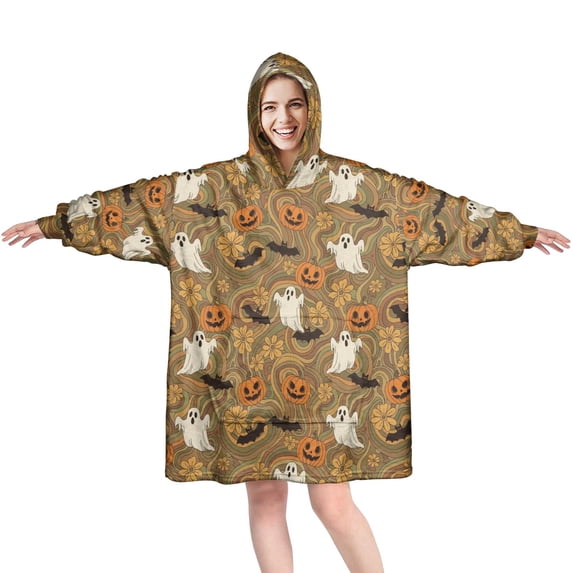 Halloween Retro Floral Groovy Wearable Blanket Hoodie, Flannel Oversized Wearable Blanket with Sleeves & with Sleeves & Pockets, Warm Gifts Ideas for Wife Son Mom Husband Daughter
