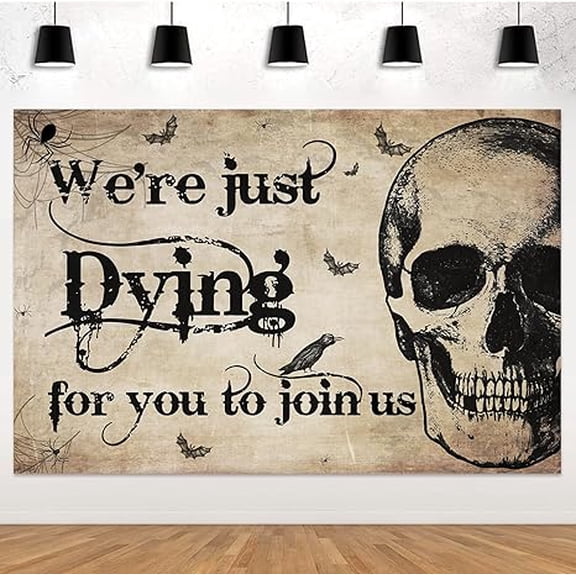 Halloween Retro Skull Backdrop 3ft x 5ft Black Cloth Banner with Skulls, Spiders, Bats for Parties & Photo Booths