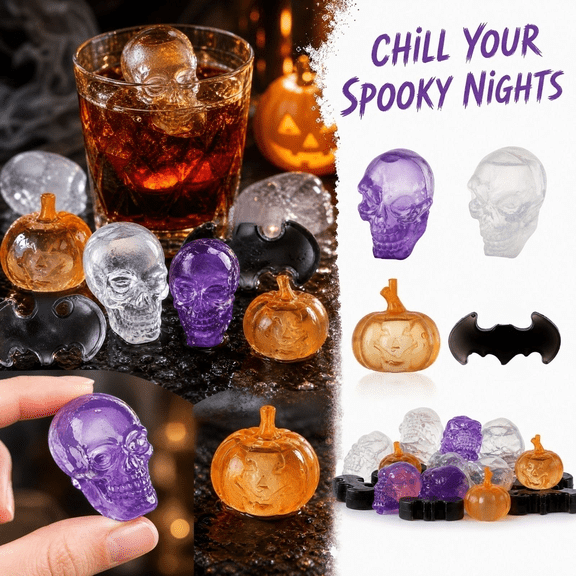 Halloween Reusable Ice Cubes with Multi-Shape Spooky Designs, 24-Pack, Purple Clear Orange and Black, for Drinks and Whiskey, Plastic Ice Cubes