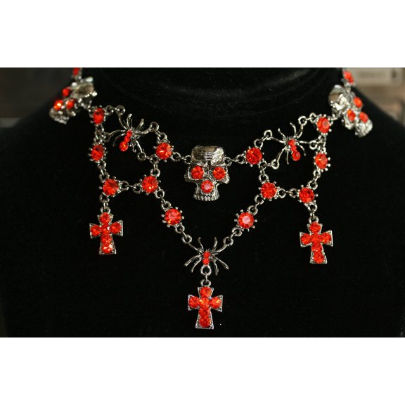 Halloween Rhinestone Spider Skull Choker Necklace Vintage Cross Jewelry