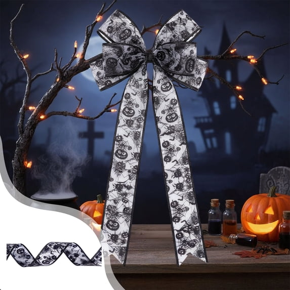 Halloween Ribbon 5cm Black Polyester Foil Stamped Pumpkin Skull Spiderweb for Wreath Making DIY Crafts Gift Wrapping Thanksgiving Fall Party Decor