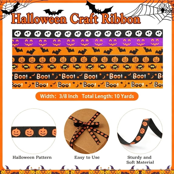 Halloween Ribbon Wired & Thin Multipack 5-10yd for Wreath Gift Wrapping Party Decor by OVFUIZ