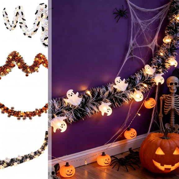 Halloween Ribbon Wrapped LED String Lights, Battery Operated Pull Strip Lamps with Pumpkin Ghost Spider Motifs, Soft Glow Ornament for Window, Indoor Halloween Party Atmosphere Decoration, A
