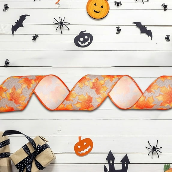 Halloween Ribbons Spooky Craft Ribbons Decorations for Gift Box 200"X6.5" Thanksgiving Faux Linen Ribbon Holiday Party Supplies Ribbon Pumpkin Maple Leaf Woven Ribbon Indoor Halloween Decor